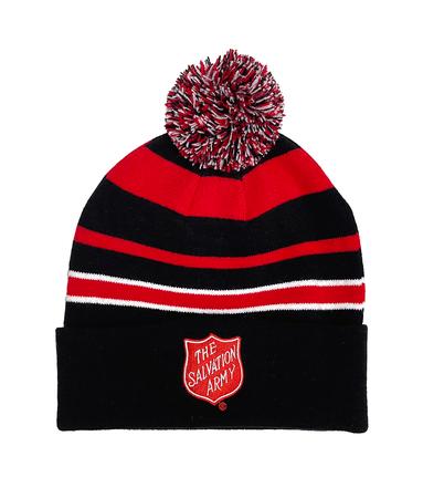 POM POM BEANIE BLACK W RED & WHITE STRIPES