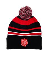 POM POM BEANIE BLACK W RED & WHITE STRIPES